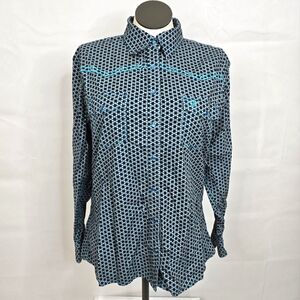 Cowgirl Hardware Six Star Cross Floral Teal Long Sleeve Snap Up Western Shirt XL
